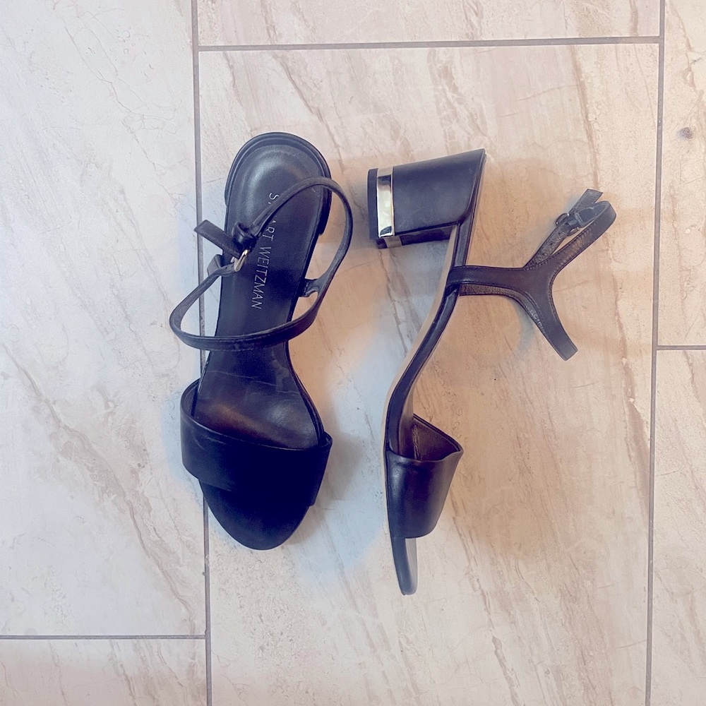 Stuart Weizmann Black Leather Block Heels - image 1